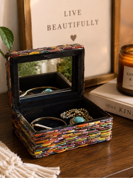 Other - Handcrafted Broken Bangle Jewelry Box Mirrored Trinket Box Mosaic India Decor